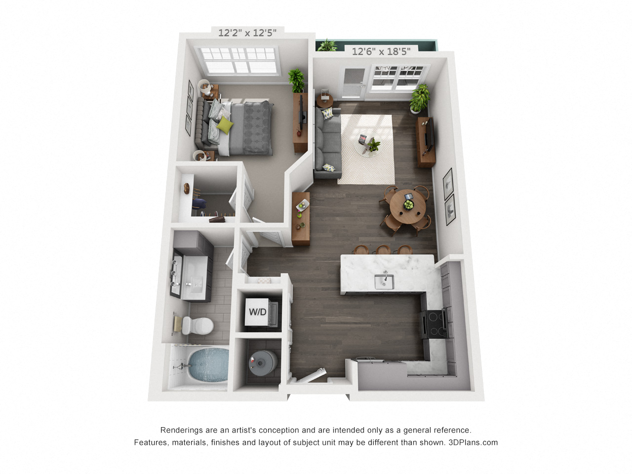 Floor plan for 1 bed, 1 bath, 710 sqft